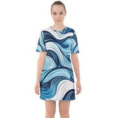 Pattern Ocean Waves Arctic Ocean Blue Nature Sea Sixties Short Sleeve Mini Dress by Ndabl3x