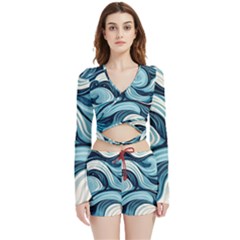 Pattern Ocean Waves Arctic Ocean Blue Nature Sea Velvet Wrap Crop Top And Shorts Set by Ndabl3x