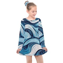 Pattern Ocean Waves Arctic Ocean Blue Nature Sea Kids  Long Sleeve Dress by Ndabl3x