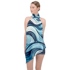 Pattern Ocean Waves Arctic Ocean Blue Nature Sea Halter Asymmetric Satin Top by Ndabl3x