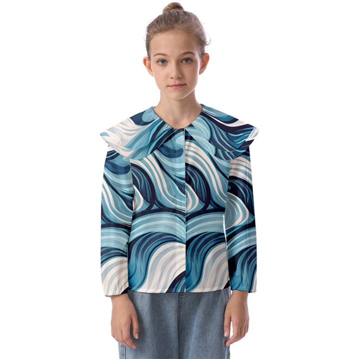 Pattern Ocean Waves Arctic Ocean Blue Nature Sea Kids  Peter Pan Collar Blouse