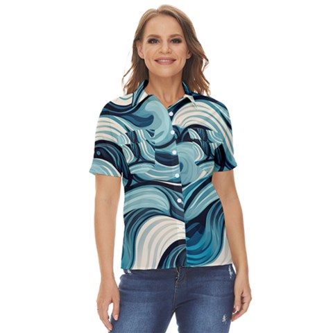 Pattern Ocean Waves Arctic Ocean Blue Nature Sea Women s Short Sleeve Double Pocket Shirt by Ndabl3x