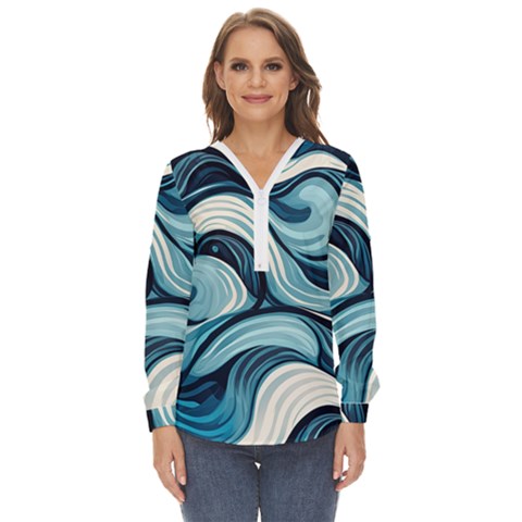 Pattern Ocean Waves Arctic Ocean Blue Nature Sea Zip Up Long Sleeve Blouse by Ndabl3x