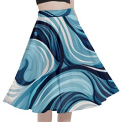 Pattern Ocean Waves Arctic Ocean Blue Nature Sea A-line Full Circle Midi Skirt With Pocket