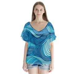 Ocean Waves Sea Abstract Pattern Water Blue V-neck Flutter Sleeve Top by Ndabl3x