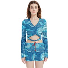 Ocean Waves Sea Abstract Pattern Water Blue Velvet Wrap Crop Top And Shorts Set by Ndabl3x