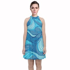 Ocean Waves Sea Abstract Pattern Water Blue Velvet Halter Neckline Dress  by Ndabl3x