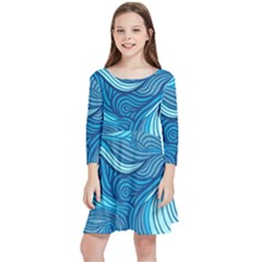 Ocean Waves Sea Abstract Pattern Water Blue Kids  Quarter Sleeve Skater Dress by Ndabl3x