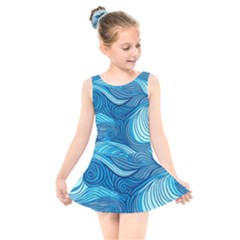 Ocean Waves Sea Abstract Pattern Water Blue Kids  Skater Dress Swimsuit by Ndabl3x