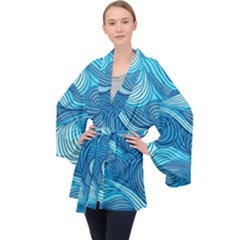 Ocean Waves Sea Abstract Pattern Water Blue Long Sleeve Velvet Kimono 