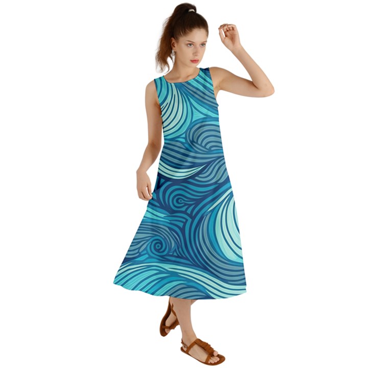 Ocean Waves Sea Abstract Pattern Water Blue Summer Maxi Dress