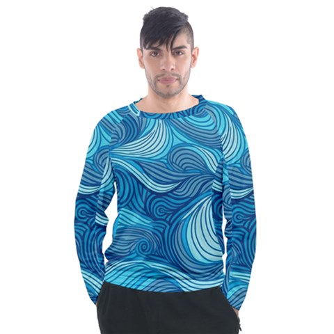 Ocean Waves Sea Abstract Pattern Water Blue Men s Long Sleeve Raglan Tee by Ndabl3x