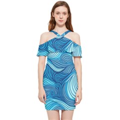 Ocean Waves Sea Abstract Pattern Water Blue Shoulder Frill Bodycon Summer Dress by Ndabl3x