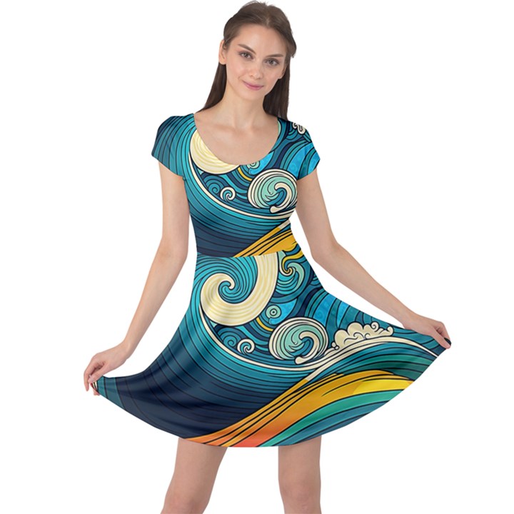 Waves Wave Ocean Sea Abstract Whimsical Abstract Art Cap Sleeve Dress