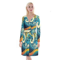 Waves Wave Ocean Sea Abstract Whimsical Abstract Art Long Sleeve Velvet Front Wrap Dress by Ndabl3x