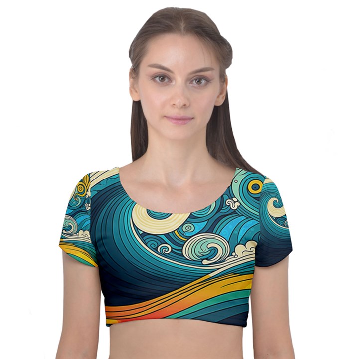 Waves Wave Ocean Sea Abstract Whimsical Abstract Art Velvet Short Sleeve Crop Top 