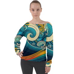 Waves Wave Ocean Sea Abstract Whimsical Abstract Art Off Shoulder Long Sleeve Velour Top by Ndabl3x