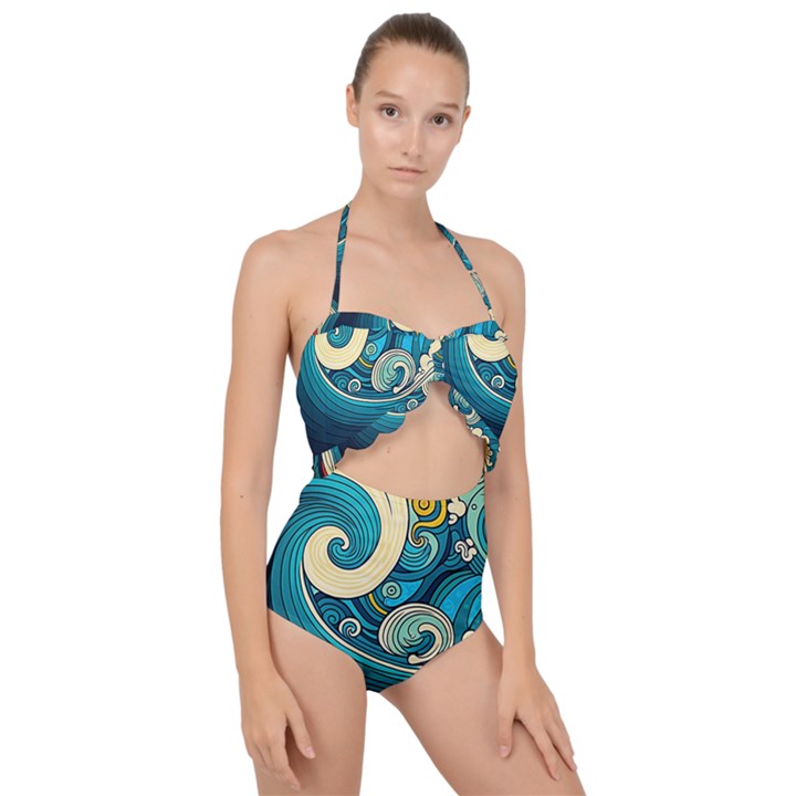 Waves Wave Ocean Sea Abstract Whimsical Abstract Art Scallop Top Cut Out Swimsuit