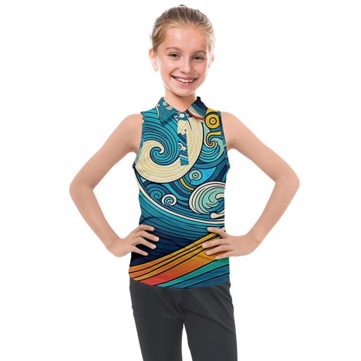 Waves Wave Ocean Sea Abstract Whimsical Abstract Art Kids  Sleeveless Polo Tee