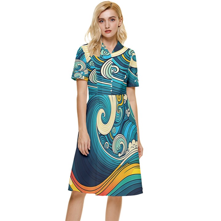 Waves Wave Ocean Sea Abstract Whimsical Abstract Art Button Top Knee Length Dress