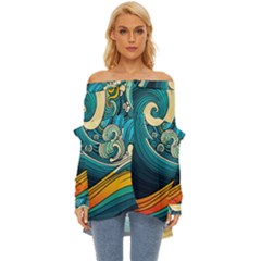 Waves Wave Ocean Sea Abstract Whimsical Abstract Art Off Shoulder Chiffon Pocket Shirt by Ndabl3x