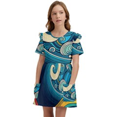 Waves Wave Ocean Sea Abstract Whimsical Abstract Art Kids  Frilly Sleeves Pocket Dress by Ndabl3x