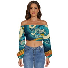 Waves Wave Ocean Sea Abstract Whimsical Abstract Art Long Sleeve Crinkled Weave Crop Top by Ndabl3x