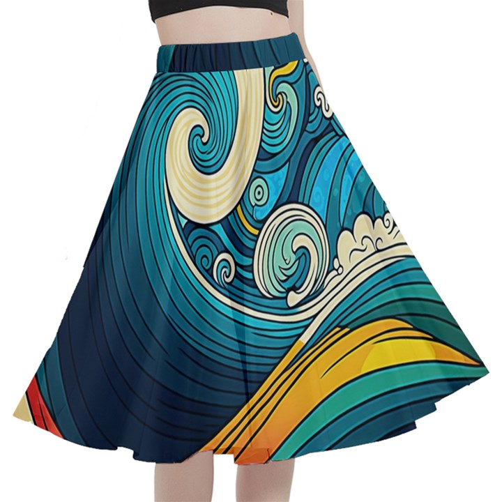 Waves Wave Ocean Sea Abstract Whimsical Abstract Art A-Line Full Circle Midi Skirt With Pocket