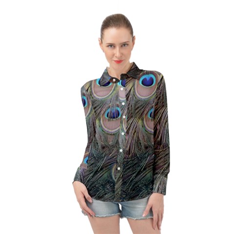 Peacock Feathers Peacock Bird Feathers Long Sleeve Chiffon Shirt by Ndabl3x