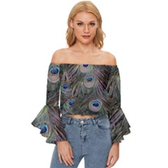 Peacock Feathers Peacock Bird Feathers Off Shoulder Flutter Bell Sleeve Top by Ndabl3x