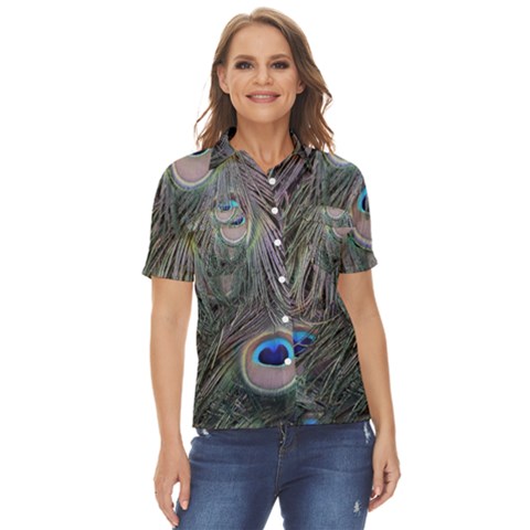 Peacock Feathers Peacock Bird Feathers Women s Short Sleeve Double Pocket Shirt by Ndabl3x