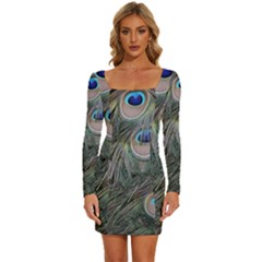 Peacock Feathers Peacock Bird Feathers Long Sleeve Square Neck Bodycon Velvet Dress by Ndabl3x