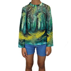 Ai Generated Trees Forest Mystical Forest Nature Art Kids  Long Sleeve Swimwear by Ndabl3x