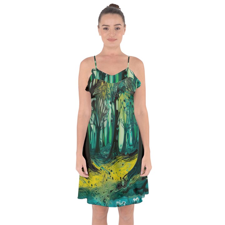 Ai Generated Trees Forest Mystical Forest Nature Art Ruffle Detail Chiffon Dress