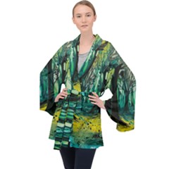 Ai Generated Trees Forest Mystical Forest Nature Art Long Sleeve Velvet Kimono  by Ndabl3x