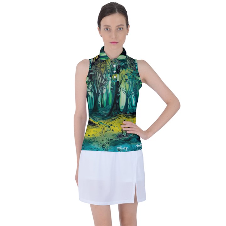 Ai Generated Trees Forest Mystical Forest Nature Art Women s Sleeveless Polo Tee