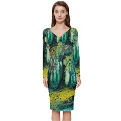 Ai Generated Trees Forest Mystical Forest Nature Art Long Sleeve V-neck Bodycon Dress  by Ndabl3x