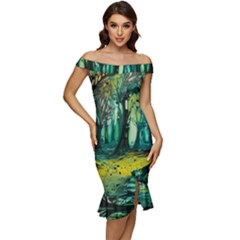 Ai Generated Trees Forest Mystical Forest Nature Art Off Shoulder Ruffle Split Hem Bodycon Dress by Ndabl3x