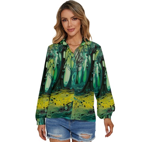 Ai Generated Trees Forest Mystical Forest Nature Art Women s Long Sleeve Button Up Shirt by Ndabl3x