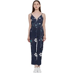 Flowers Pattern Pattern Flower Texture V-neck Spaghetti Strap Tie Front Jumpsuit