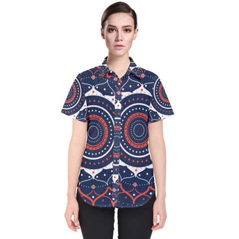 Mandala Orange Navy Women s Short Sleeve Shirt by Ndabl3x