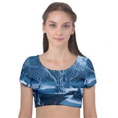 Nature Winter Cold Snow Landscape Velvet Short Sleeve Crop Top  by Ndabl3x