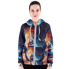 Tree Planet Moon Women s Zipper Hoodie by Ndabl3x