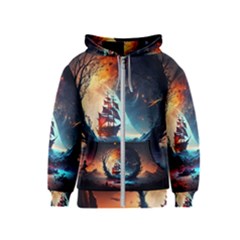 Tree Planet Moon Kids  Zipper Hoodie by Ndabl3x