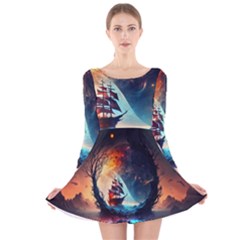 Tree Planet Moon Long Sleeve Velvet Skater Dress by Ndabl3x