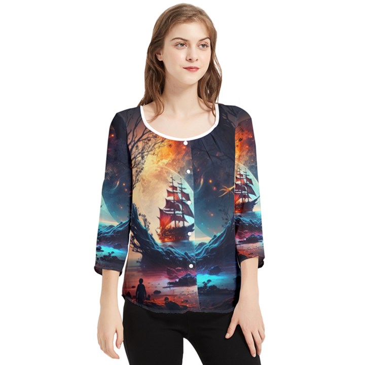 Tree Planet Moon Chiffon Quarter Sleeve Blouse