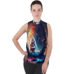 Tree Planet Moon Mock Neck Chiffon Sleeveless Top by Ndabl3x