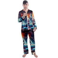 Tree Planet Moon Men s Long Sleeve Satin Pajamas Set by Ndabl3x