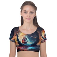 Tree Planet Moon Velvet Short Sleeve Crop Top  by Ndabl3x