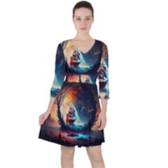 Tree Planet Moon Quarter Sleeve Ruffle Waist Dress by Ndabl3x